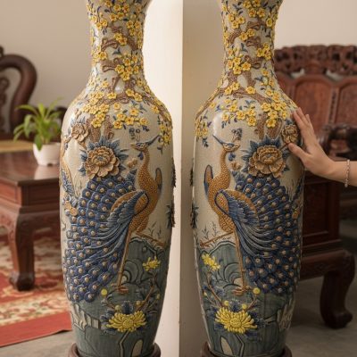 Cận cảnh họa tiết chim công, hoa mai đắp nổi ti...