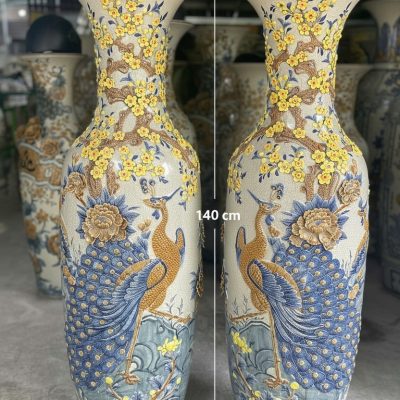 Kích thước Đôi Lộc Bình Gốm Sứ Men Rạn Đắp Nổi Công Đào 1m4 Bát Tràng