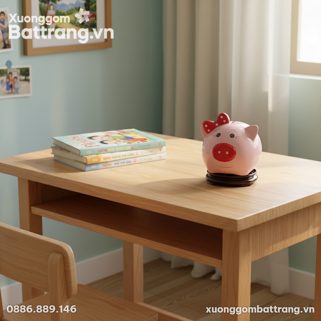 Ống tiết kiệm heo hồng Bát Tràng đặt trên bàn h...