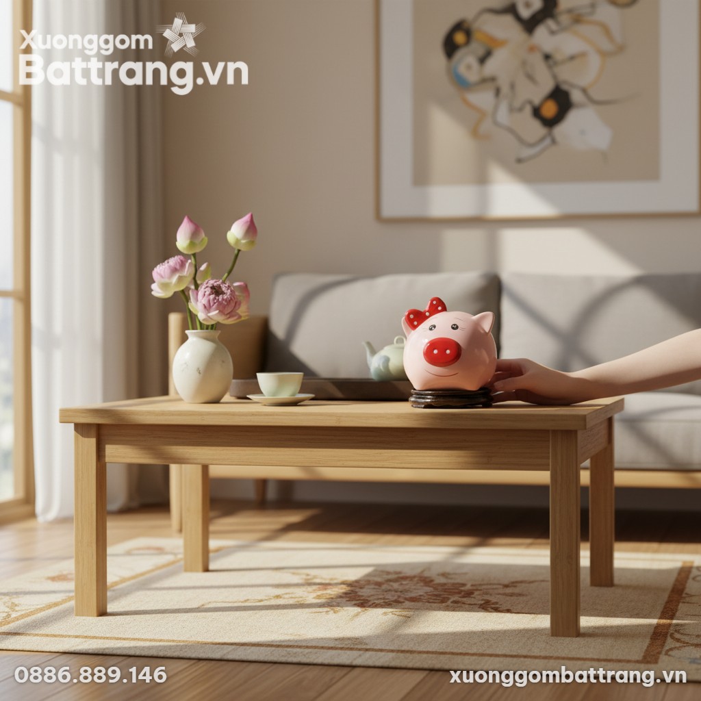 Ống tiết kiệm heo hồng nơ đỏ gốm sứ Bát Tràng t...