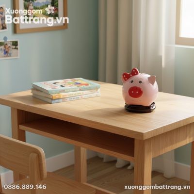 Ống tiết kiệm heo hồng Bát Tràng đặt trên bàn h...