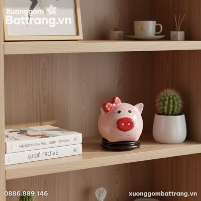 Ống tiết kiệm heo hồng pastel trang trí trên kệ...
