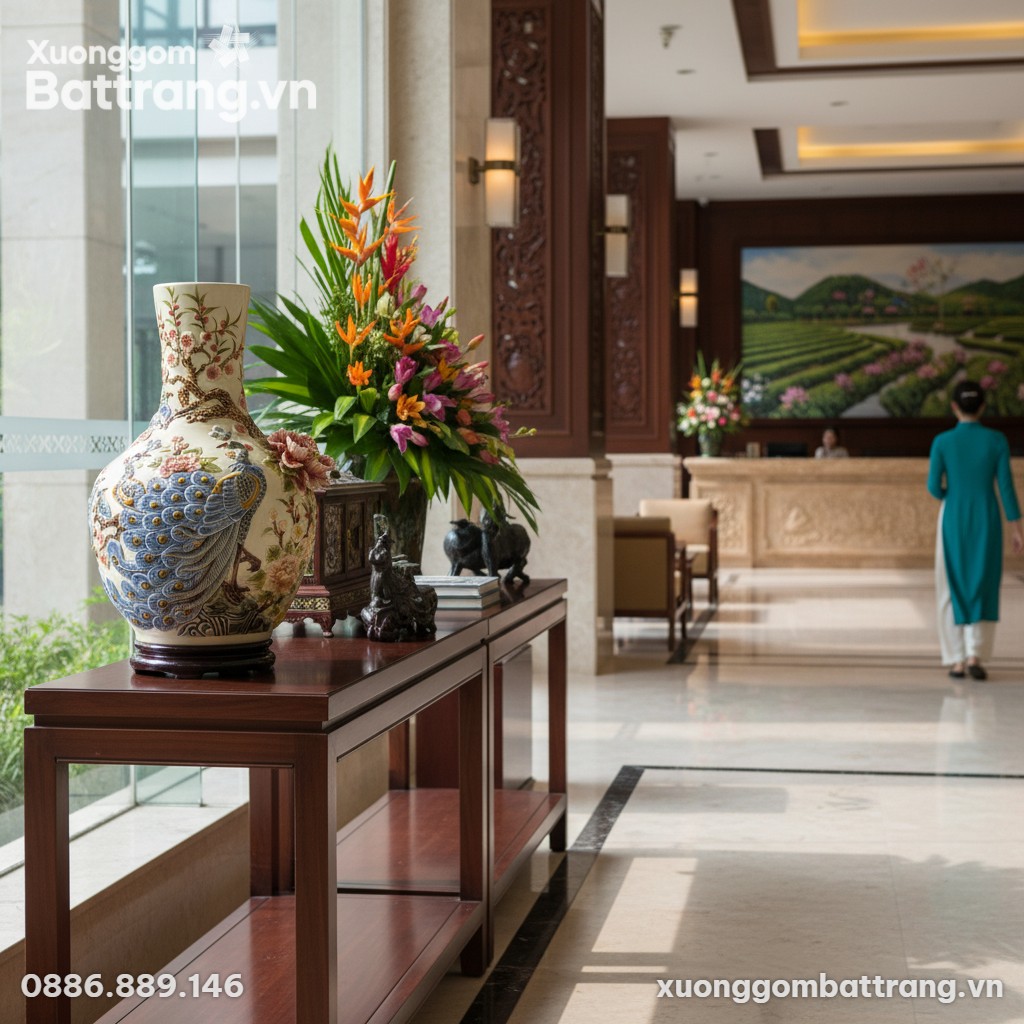 Bình Tỏi Công Đào men kem 40cm nổi bật trên bàn...