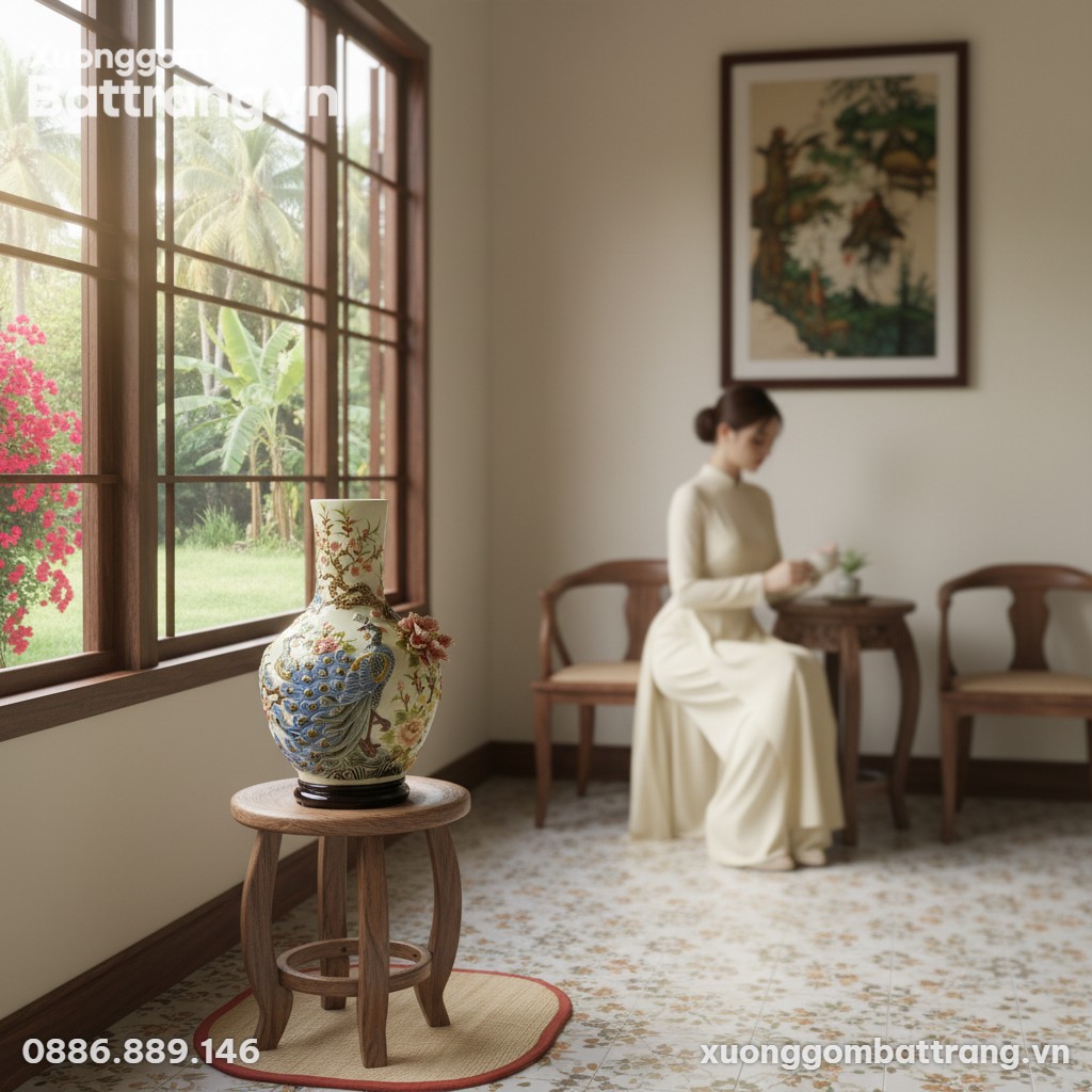 Bình Tỏi Công Đào men kem 40cm đặt trên đôn gỗ ...