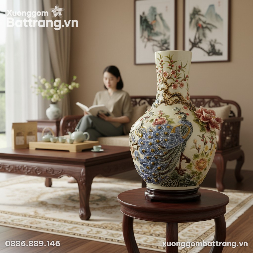 Bình Tỏi Công Đào men kem 40cm đặt trên bàn trà...