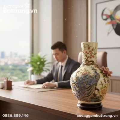 Bình Tỏi Công Đào men kem 40cm đặt trang trọng ...