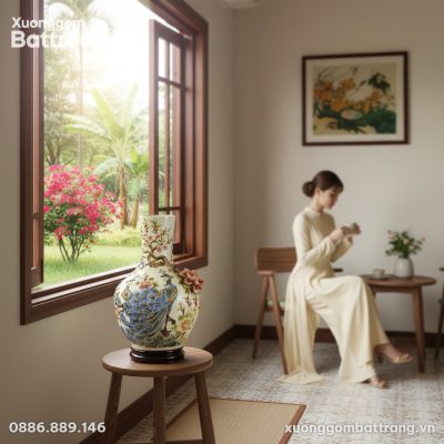 Bình Tỏi Công Đào men kem 40cm đặt trên đôn gỗ ...