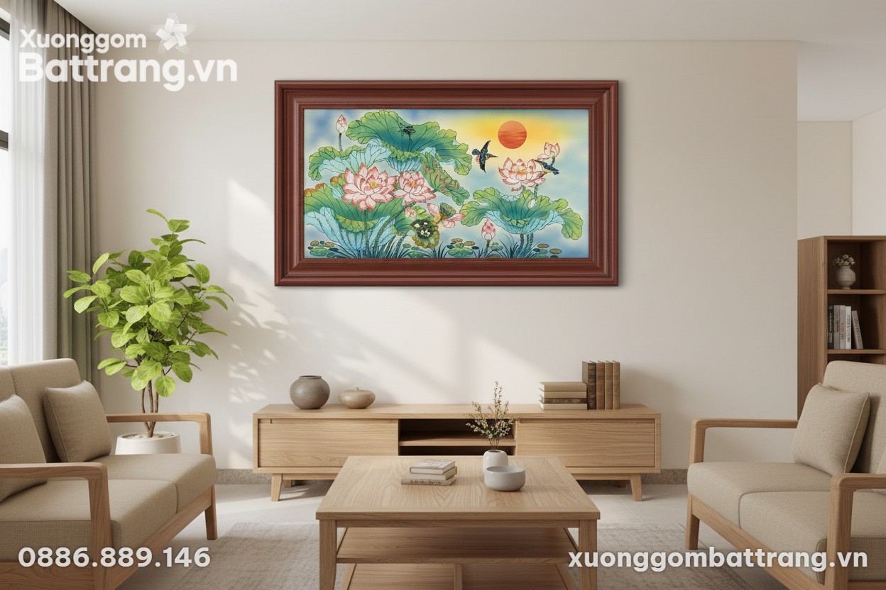 Bức tranh gốm sứ hoa sen 60x90cm được treo tran...