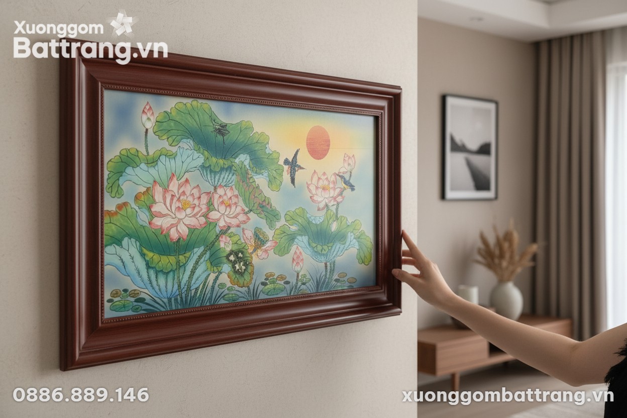 Kích thước Tranh Gốm Sứ Hoa Sen Uyên Ương Bát Tràng XG-TR04