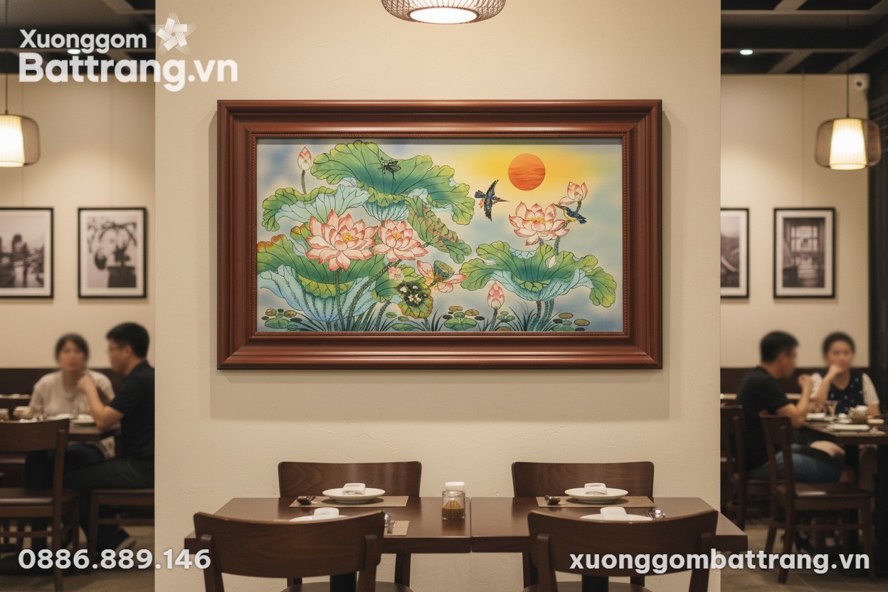 Bức tranh gốm sứ hoa sen 60x90cm là điểm nhấn n...