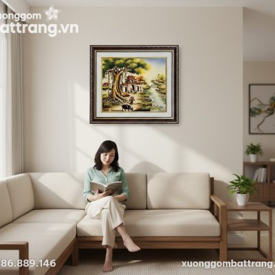 Một bức tranh gốm sứ phong cảnh làng quê Việt N...