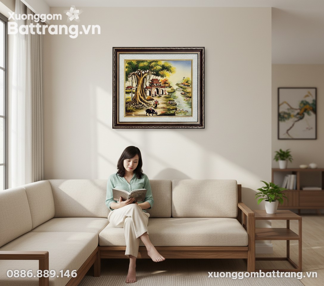 Một bức tranh gốm sứ phong cảnh làng quê Việt N...