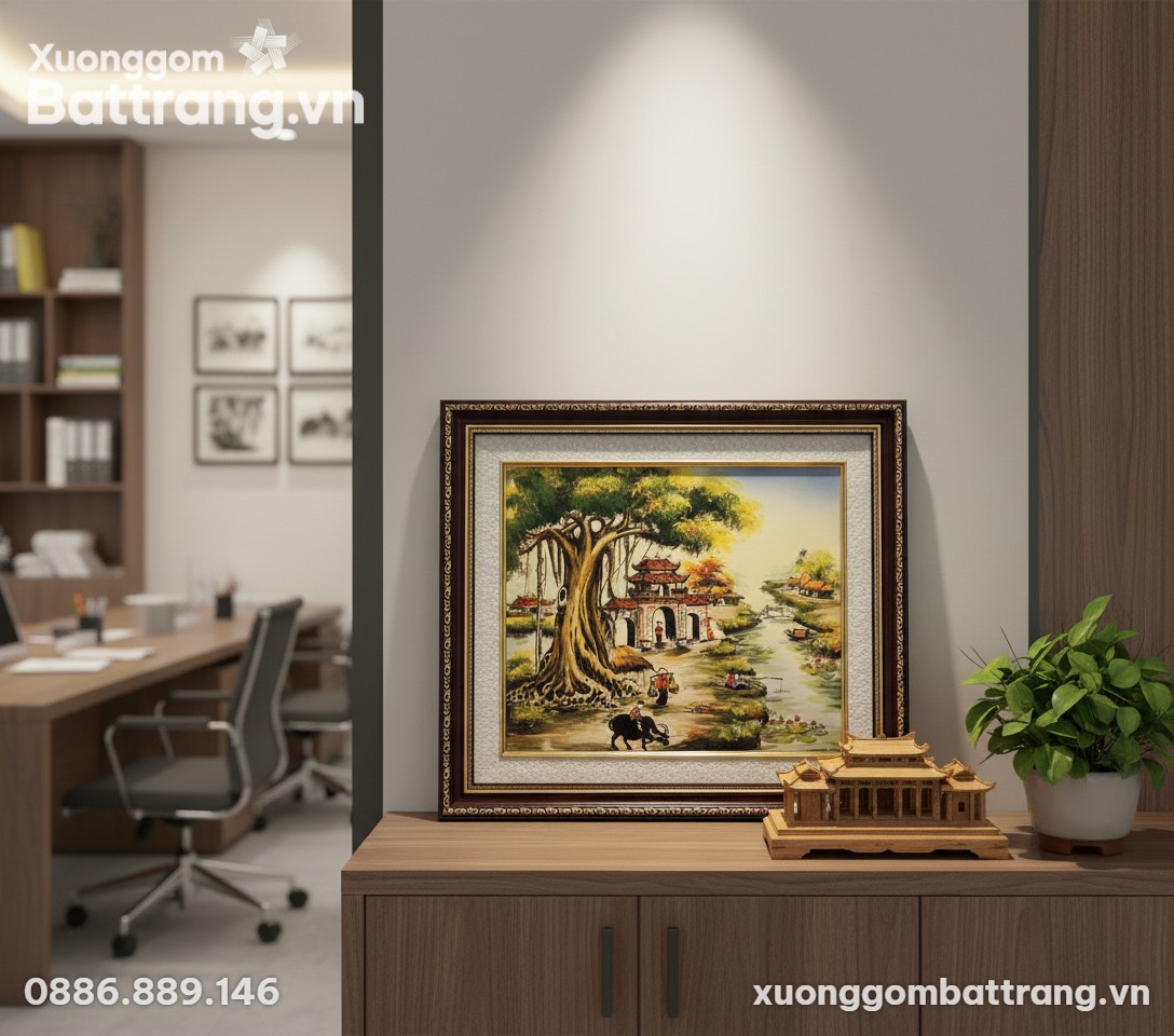 Tranh gốm sứ phong cảnh làng quê Việt Nam (48x5...