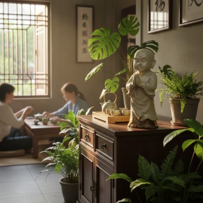 Tượng chú tiểu men ngọc rạn cao 54cm trên tủ gỗ...