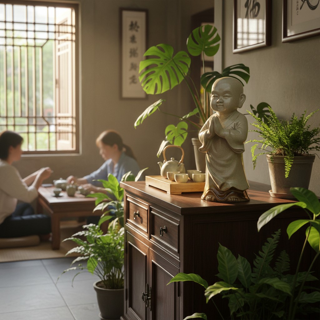 Tượng chú tiểu men ngọc rạn cao 54cm đặt trên b...