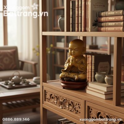 Tượng chú tiểu men hoàng thổ cao 36cm đặt nổi b...