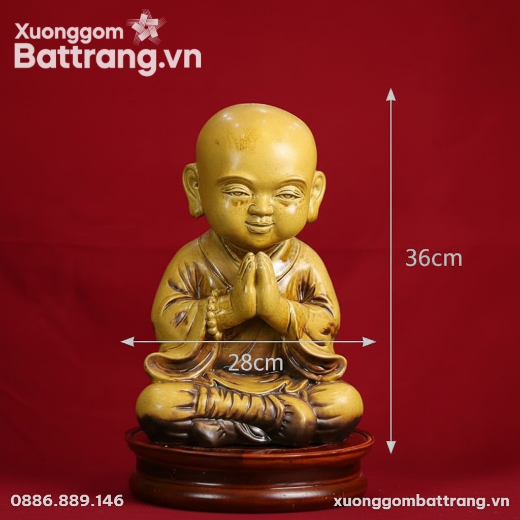 Kích thước Tượng Chú Tiểu Chắp Tay Ngồi Thiền Men Hoàng Thổ XG-TG15
