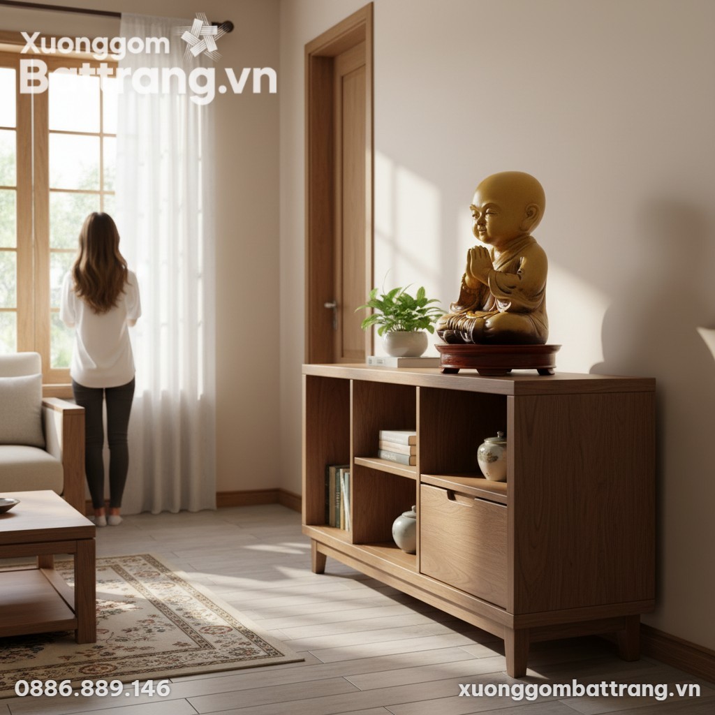 Tượng chú tiểu men hoàng thổ cao 36cm đặt trên ...