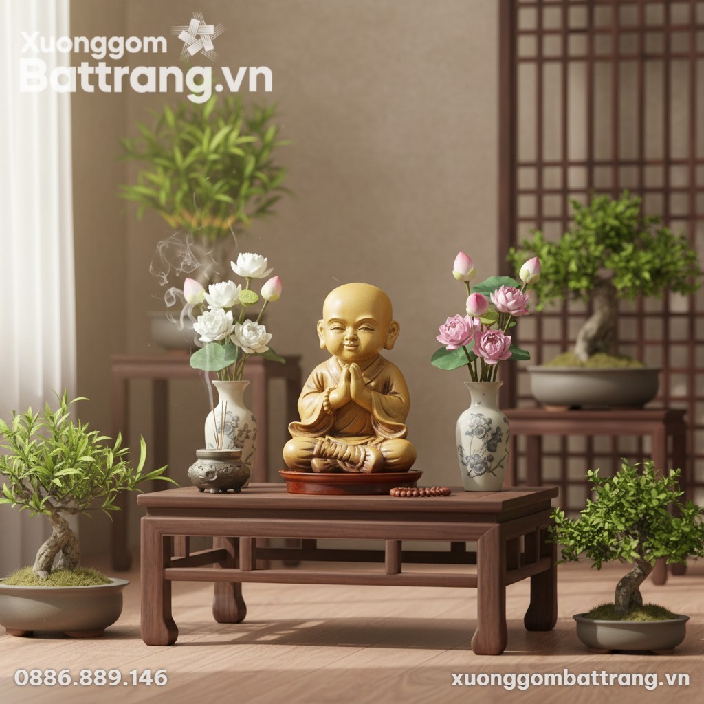 Tượng chú tiểu men hoàng thổ cao 36cm đặt trên ...