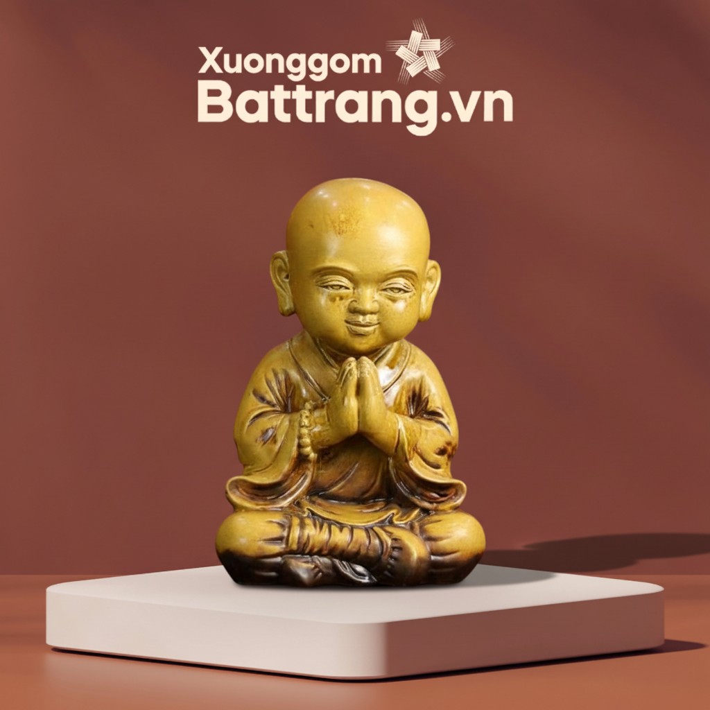 Tượng Chú Tiểu Chắp Tay Ngồi Thiền Men Hoàng Thổ XG-TG15