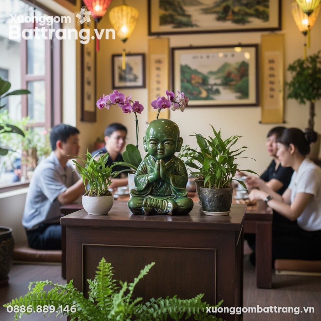 Tượng Chú Tiểu Men Ngọc Lục cao 36cm đặt trên đ...