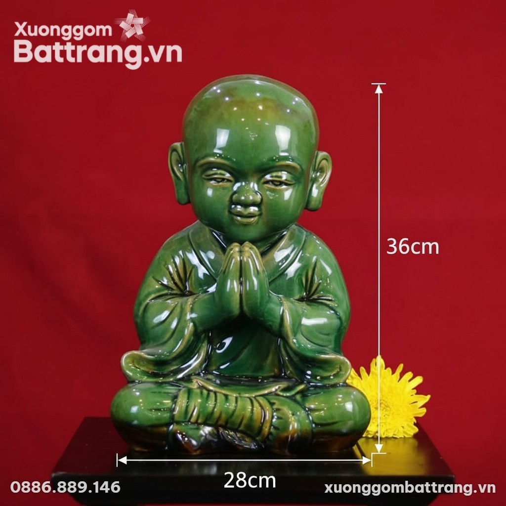 Kích thước Tượng Chú Tiểu Chắp Tay Ngồi Thiền Men Ngọc Lục XG-TG09