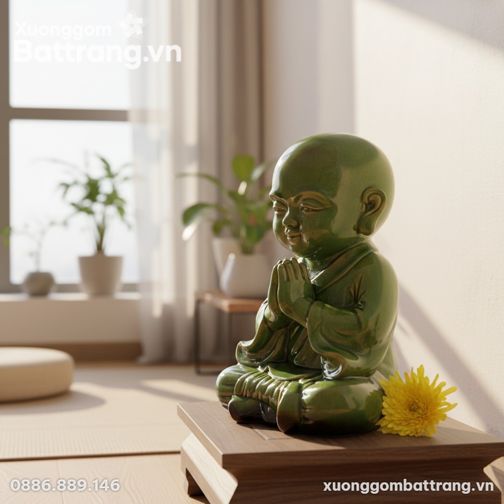 Tượng Chú Tiểu Men Ngọc Lục cao 36cm là điểm nh...