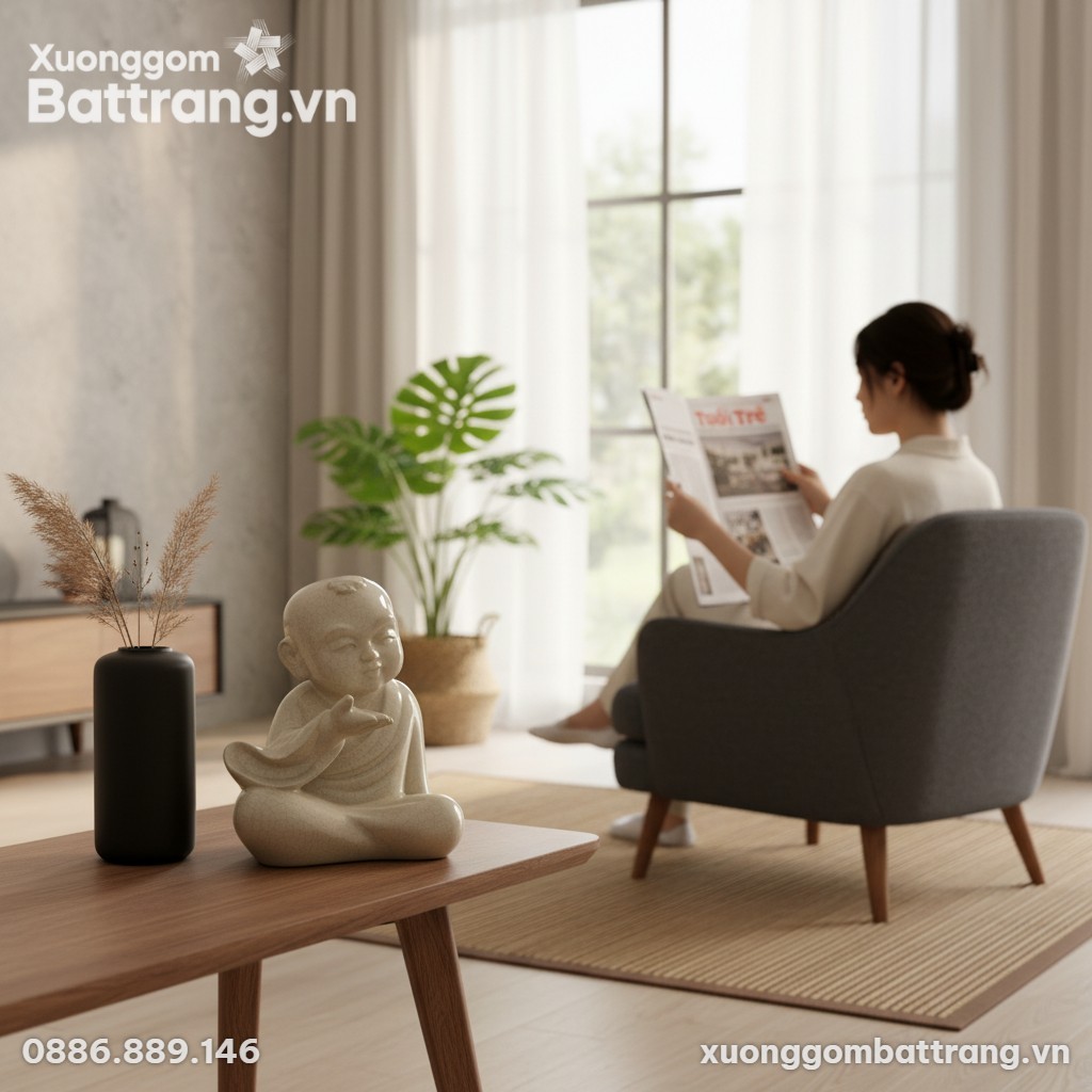 Trong phòng khách Việt hiện đại, tượng Chú Tiểu...