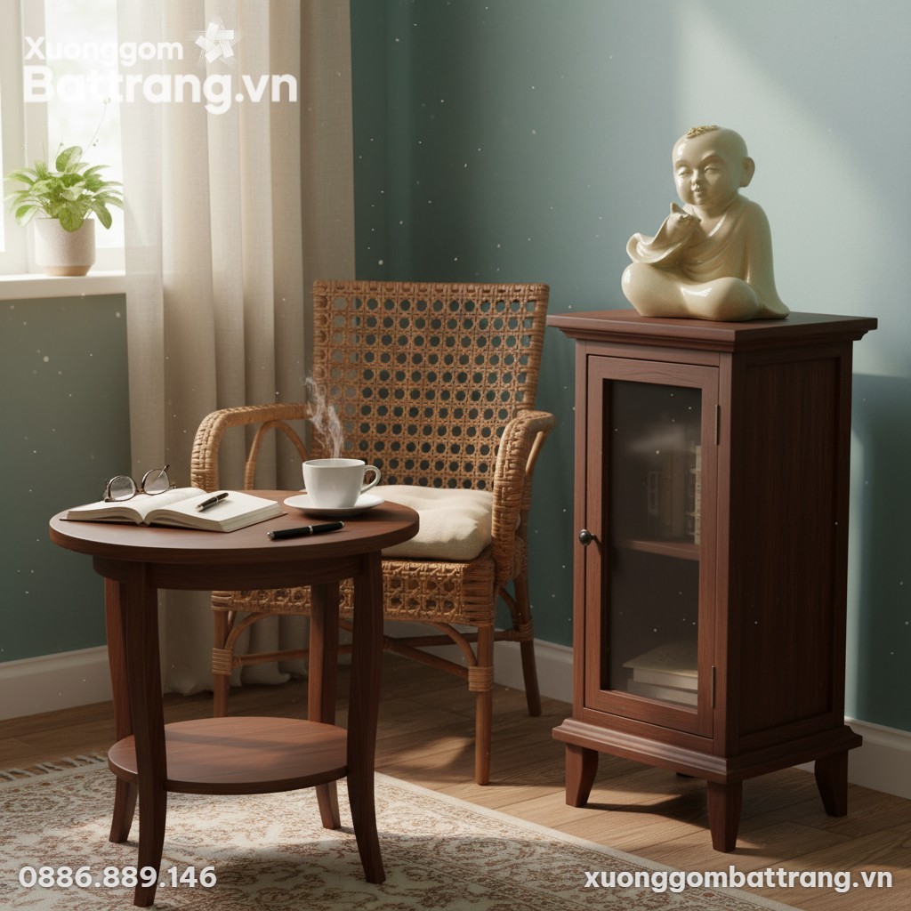 Góc làm việc tại nhà ở Việt Nam, tượng Chú Tiểu...