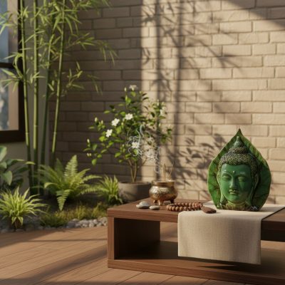 Tượng Lá Bồ Đề Mặt Phật men ngọc lục cao 26cm đ...