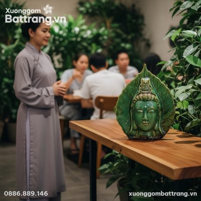 Tượng Lá Bồ Đề Mặt Quan Âm men ngọc lục (cao 26...