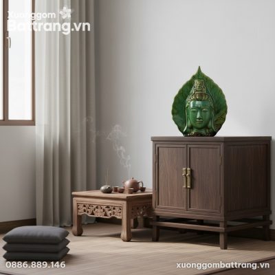 Tượng Lá Bồ Đề Mặt Quan Âm men ngọc lục (cao 26...