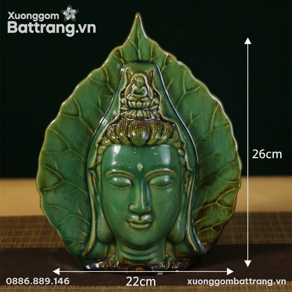 Kích thước Tượng Lá Bồ Đề Mặt Quan Âm Men Ngọc Lục XG-TG16