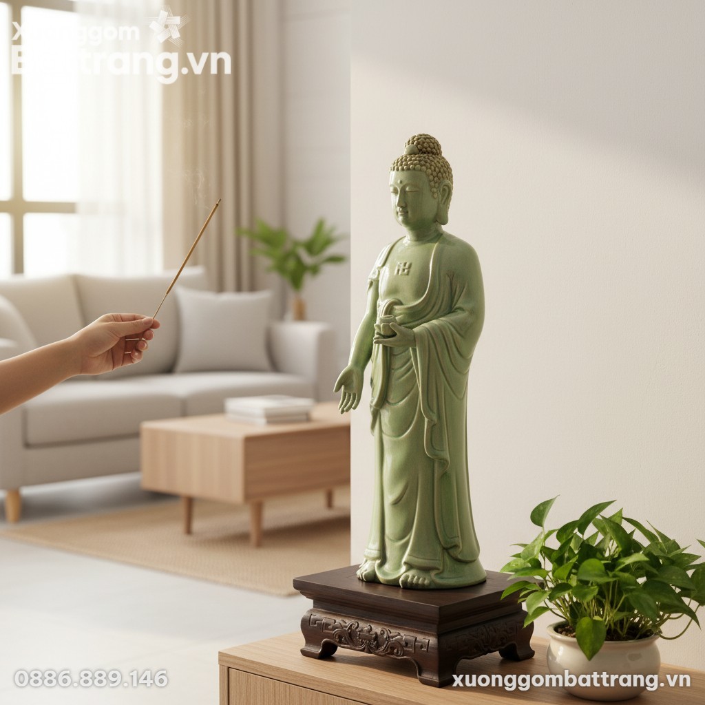 Thanh bình: Tượng Phật A Di Đà men ngọc cao 70c...