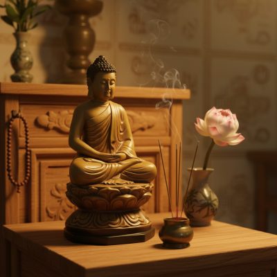 Góc thờ phụng hoặc không gian tâm linh trang tr...