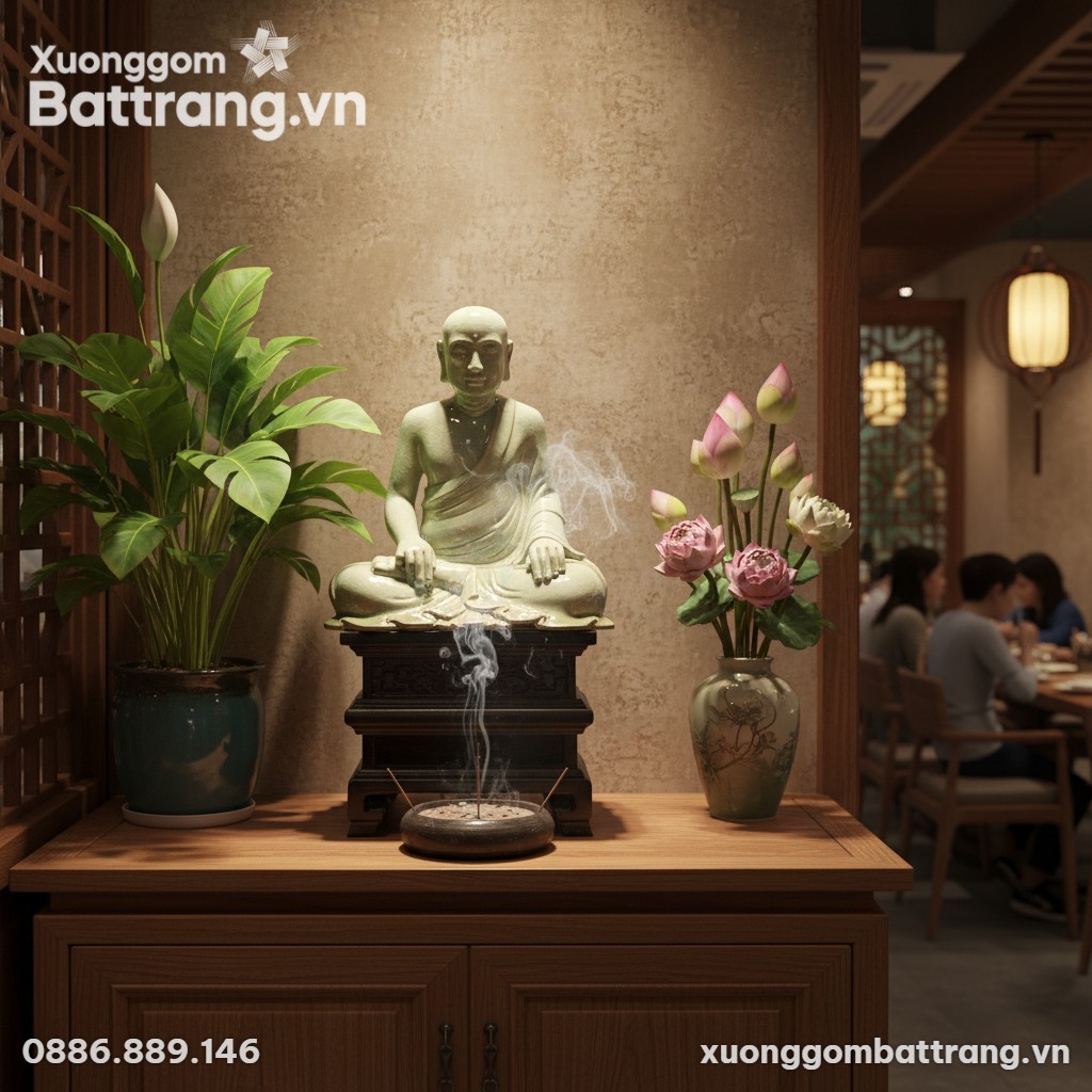 Trong một thư viện gia đình ấm cúng, tượng Phật...