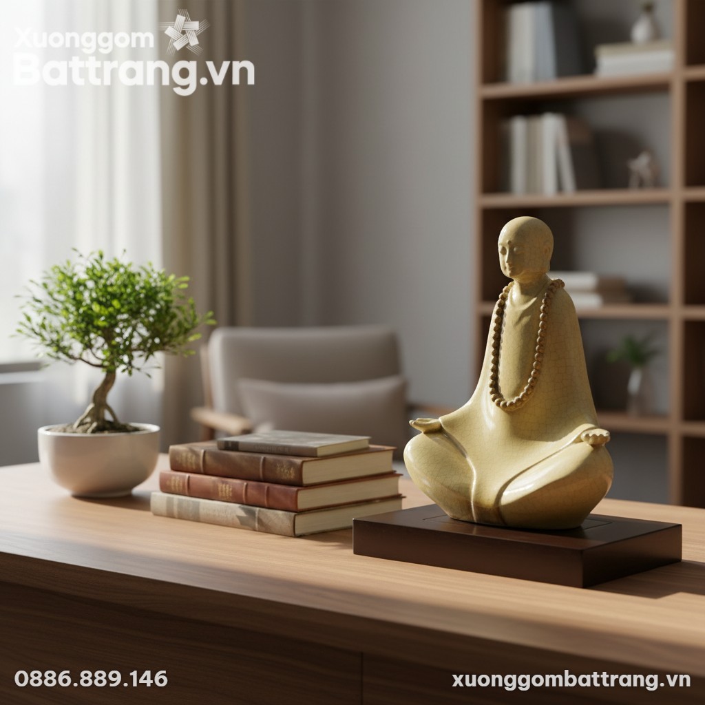 Tượng Phật Thiền Định men rạn 45cm trên bàn làm...