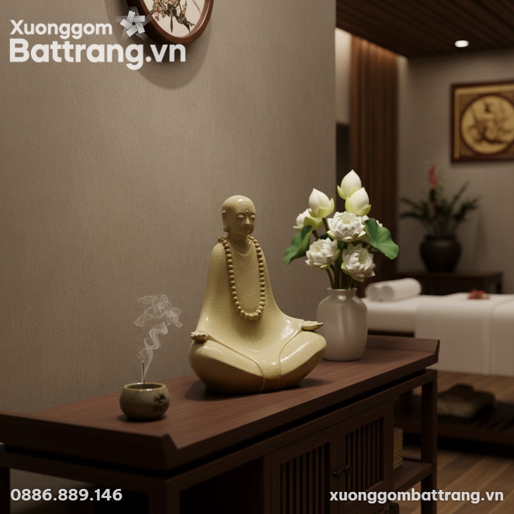 Tượng Phật Thiền Định men rạn 45cm trên kệ gỗ t...