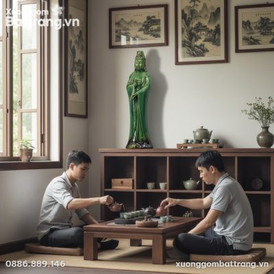 Tượng Quan Âm Bồ Tát men ngọc lục cao 62cm trên...