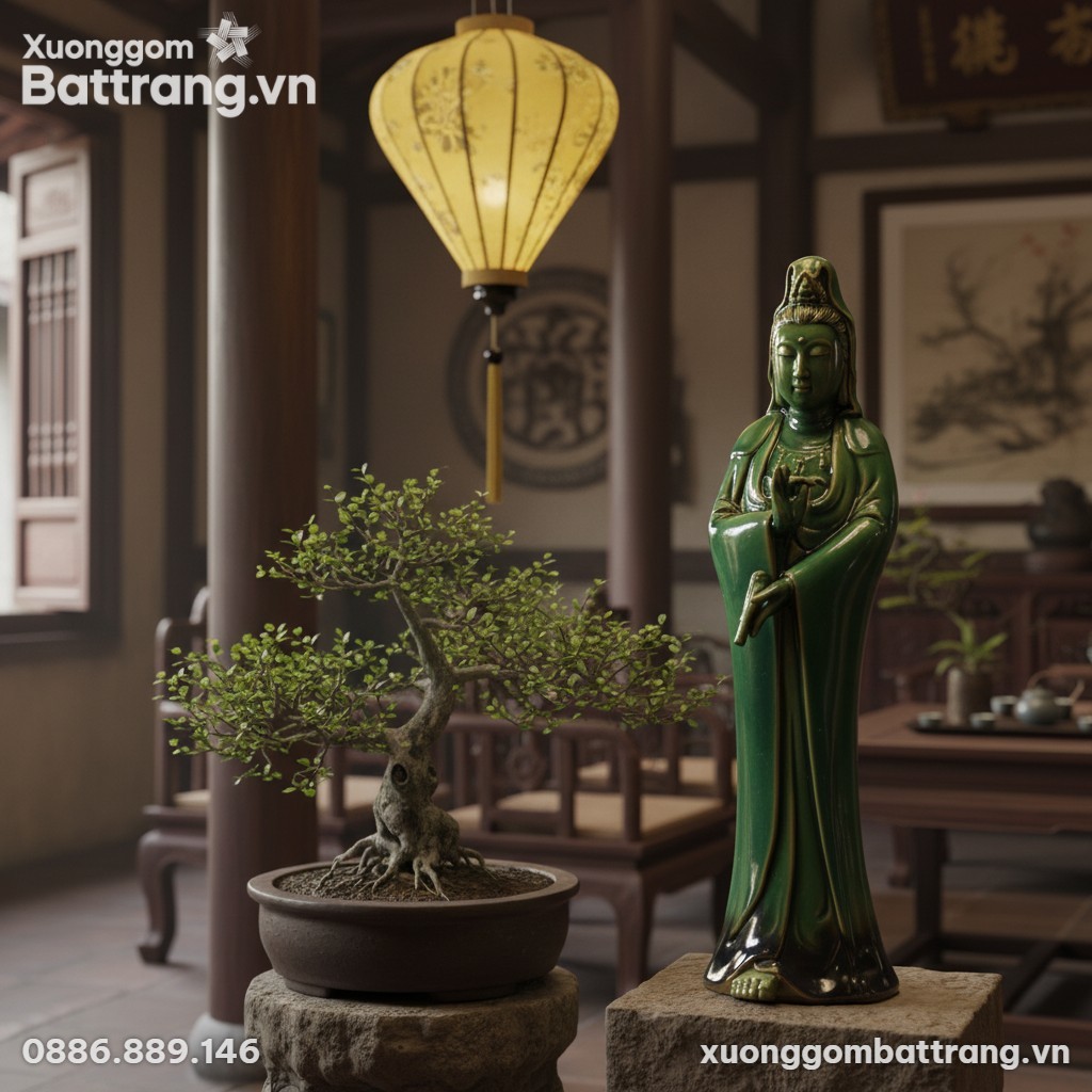 Tượng Quan Âm Bồ Tát men ngọc lục Bát Tràng cao...