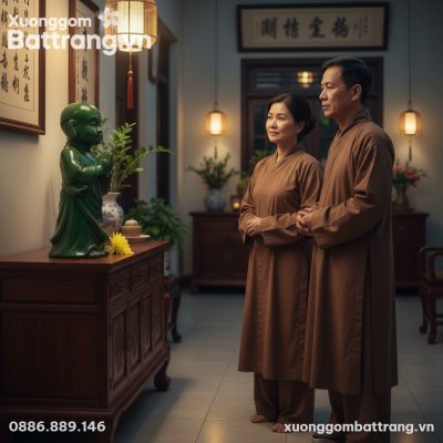 Tượng chú tiểu men xanh ngọc 54cm đặt trên tủ g...