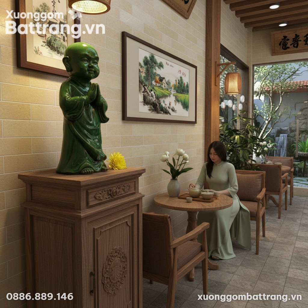 Tượng chú tiểu men xanh ngọc 54cm đặt trên bàn ...