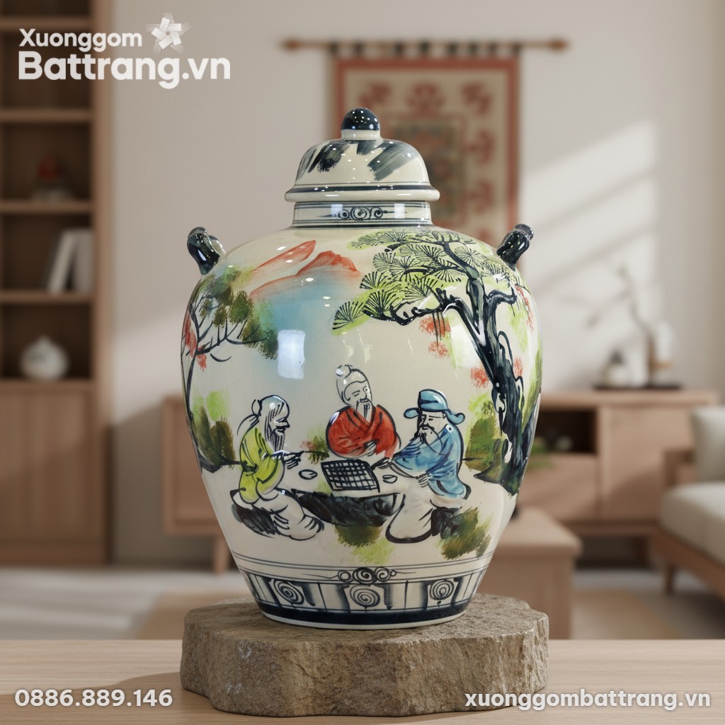 Vò sứ ngâm rượu men màu vẽ Tiên ông đánh cờ đặt...