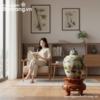 Vò sứ ngâm rượu men màu vẽ Tiên ông đánh cờ đặt...