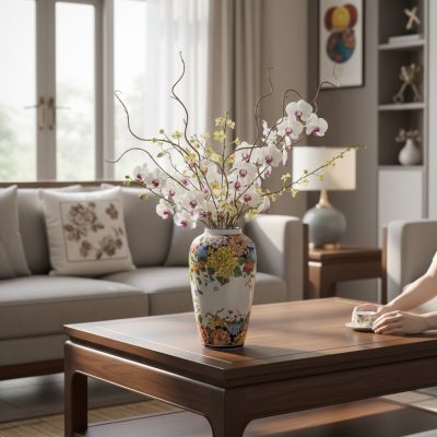 Bình hoa gốm Bát Tràng 36cm, dáng vò vẽ hoa cúc...