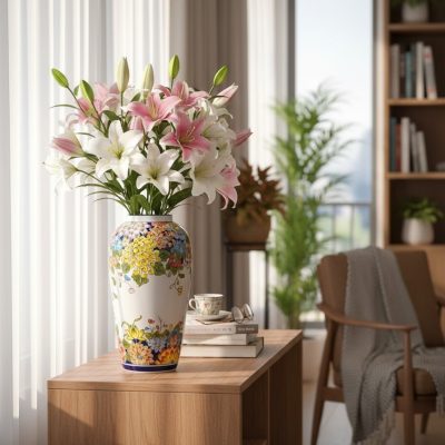 Cận cảnh bình hoa gốm Bát Tràng 36cm với họa ti...