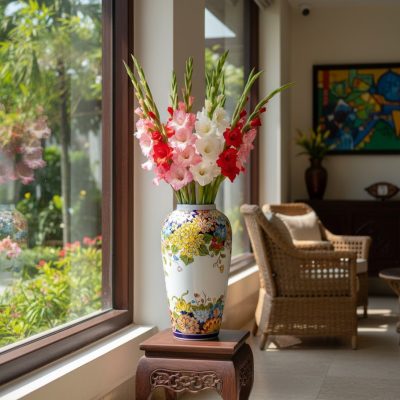 cận cảnh Bình hoa gốm Bát Tràng cao 36cm, men s...