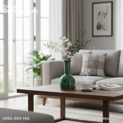 Một bình hoa gốm sứ Bát Tràng men hỏa biến xanh...