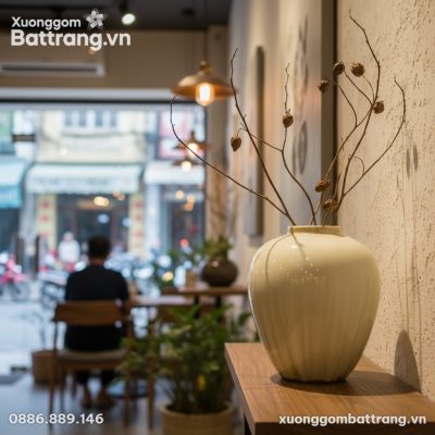 Bình hoa gốm Bát Tràng men hoả biến vàng ngà (c...