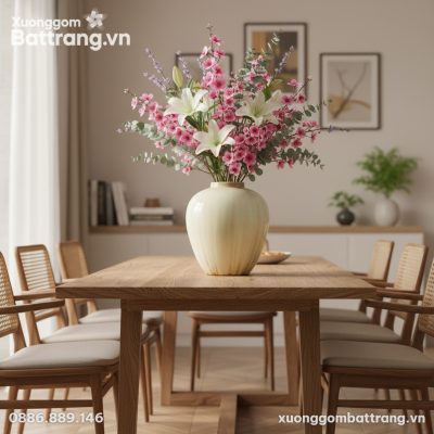 Bình hoa gốm Bát Tràng men hoả biến vàng ngà (c...